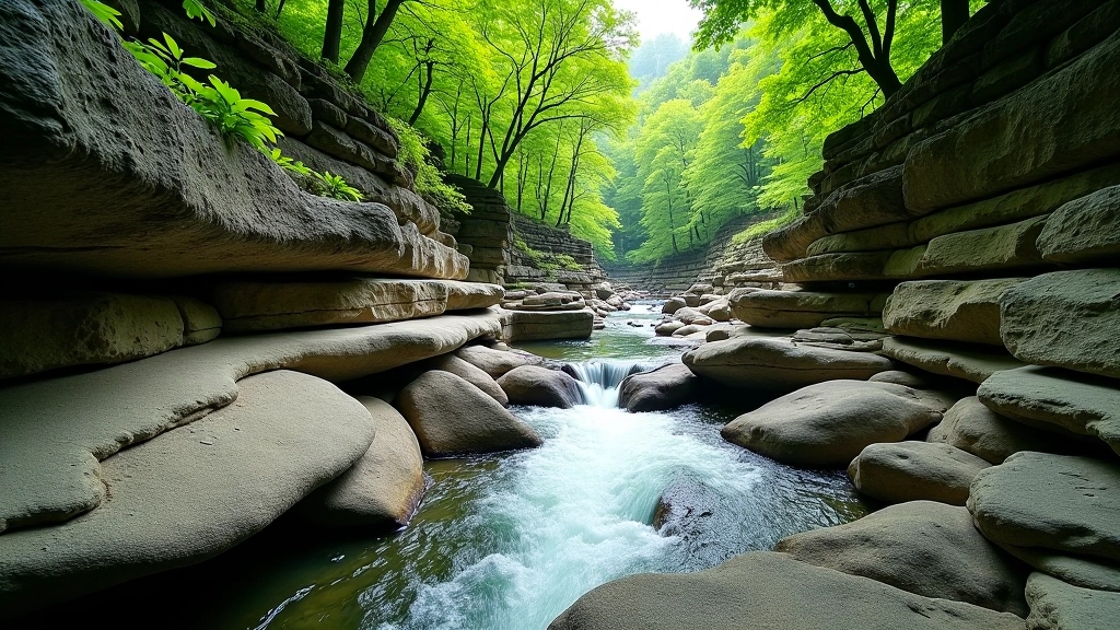 Przełom Prądnika z naturalnym mostem skalnym nad rzeką, otoczone zielonymi lasami